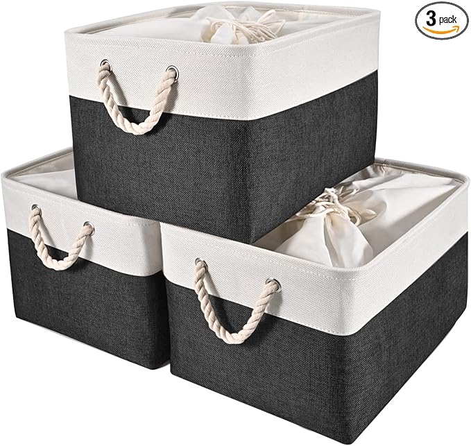HOdo Home 3PCS Fabric Storage Bin with Drawstring Closure and 2 Bold Handles, Collapsible Large Canvas Storage Baskets for Organizing Shelf Nursery Home (White and Black, 15.8LÃ11.8WÃ9.5H)