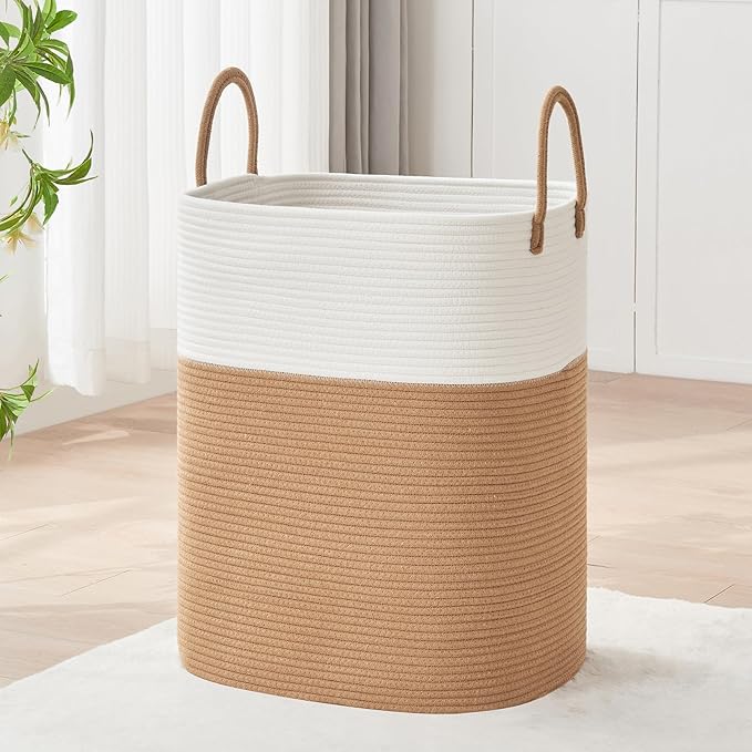 Laundry Basket with Handles - Blanket Basket & Hampers for Bedroom Aesthetic, Laundry Hamper & Blanket Storage for Living Room, Clothes Hamper, Tall, Large 17" x 14" x 22â, White & Jute