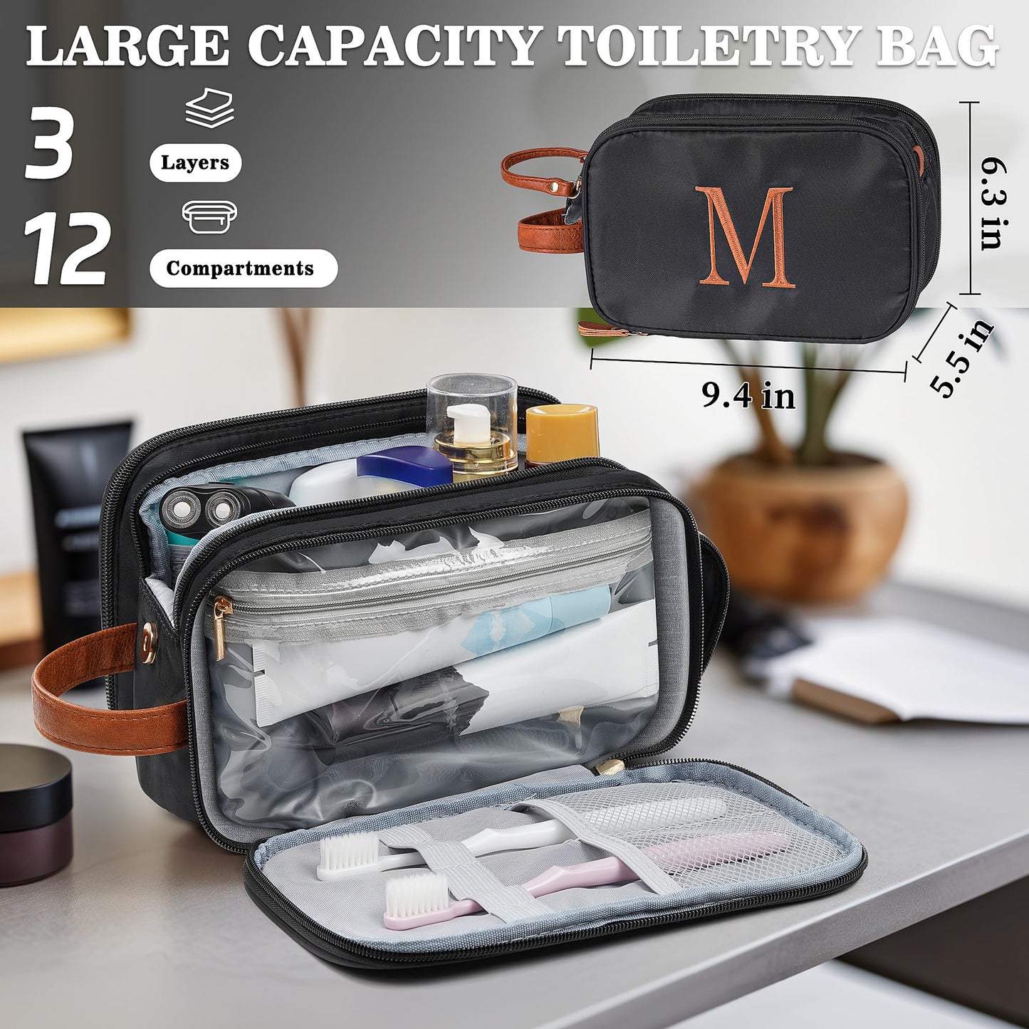 YOOLIFE Initial Toiletry Bag - Black Toiletry Bag Makeup Bags Travel, Gifts for Boyfriend Husband Father, Personalized Initial Dopp Kit Travel Toiletries, Personalized Birthday Gifts Letter L Black