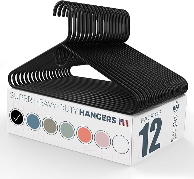 Neaties Super Heavy Duty Clothes Hangers 12 Pack â Made in The USA - 10lb Capacity, Thick Plastic Hangers for Pants, Coats, Jackets, Jeans and Adult Clothing â Black