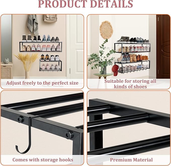 Expandable Wall Mounted Shoe Rack, 17"-31" Adjustable Hanging Shoe Rack Holds 8 Pairs, Heavy Duty Metal Shoe Holder with 2 Storage Hooks, Space Saving for Entryway Closet Doorway(Black)