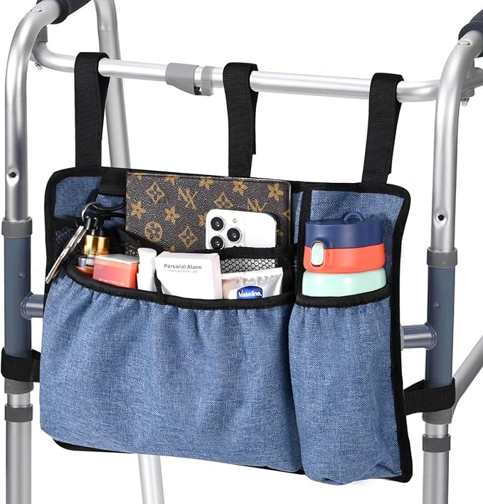 Walker Bag with Cup Holder, Premium Walker Basket for Folding Walker, Foldable Walker Storage Bags for Seniors with Big Capacity & Water Resistant, Blue