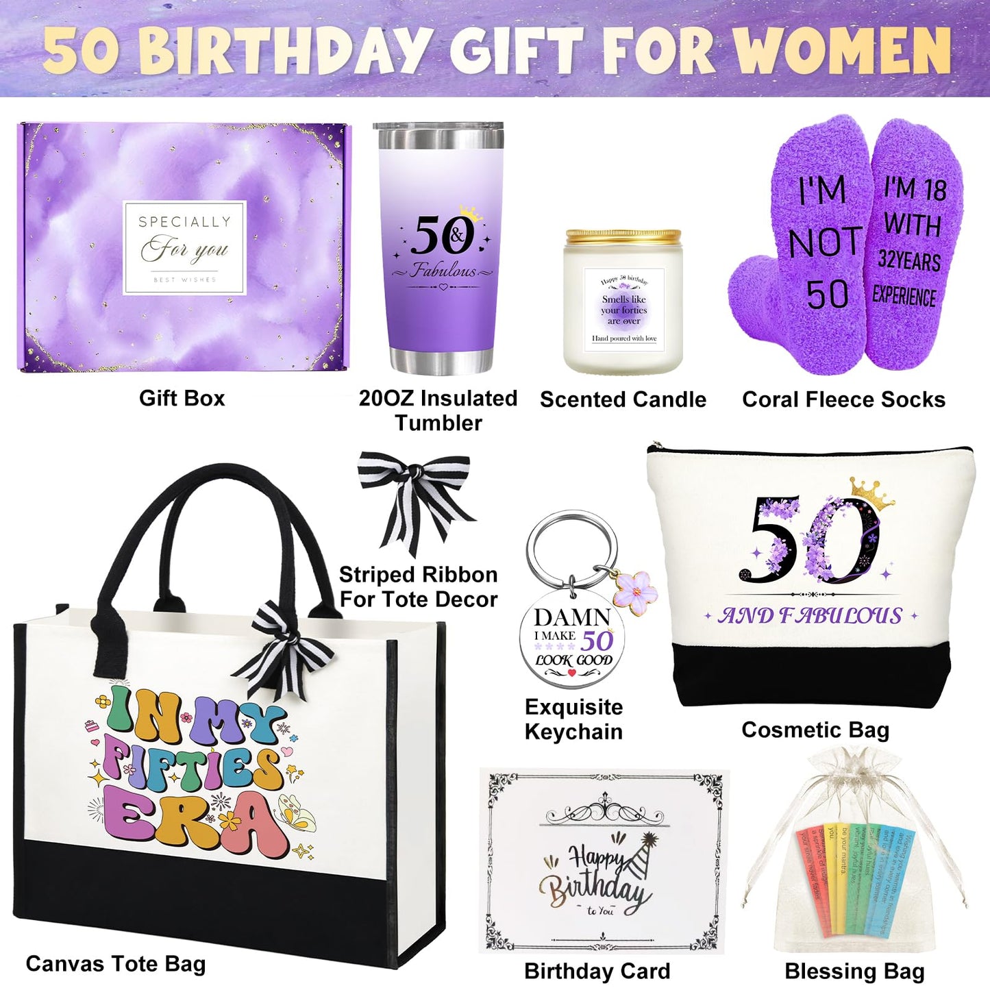 50th Birthday Gifts for Women Her, Funny Birthday Gifts for 50 Year Old Woman, Unique 50 Fabulous 1975 Tote Bag Set, Happy 50th BirthdayGift Basket for Her Mom Sister Friend Wife
