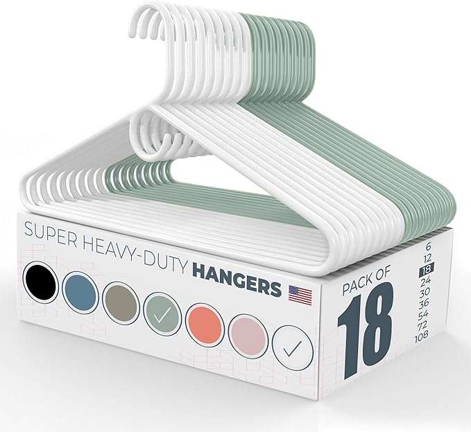 Neaties Super Heavy Duty Clothes Hangers 18 Pack â Made in The USA - 10lb Capacity, Thick Plastic Hangers for Pants, Coats, Jackets, Jeans and Adult Clothing â White & Mint