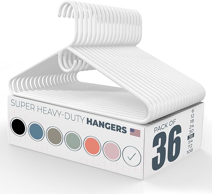 Neaties Super Heavy Duty Clothes Hangers 36 Pack â Made in The USA - 10lb Capacity, Thick Plastic Hangers for Pants, Coats, Jackets, Jeans and Adult Clothing â White
