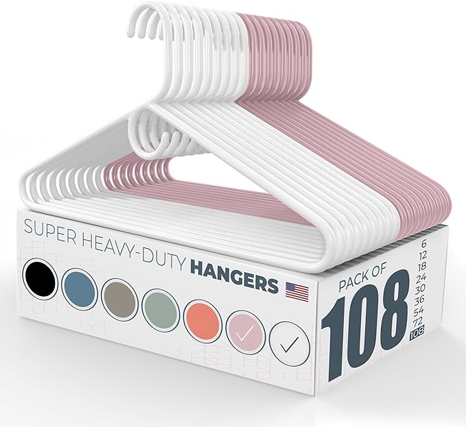Neaties Super Heavy Duty Clothes Hangers 100 Pack (108 Count) â Made in The USA - 10lb Capacity, Thick Plastic Hangers for Pants, Coats, Jackets, Jeans and Adult Clothing â White & Pink