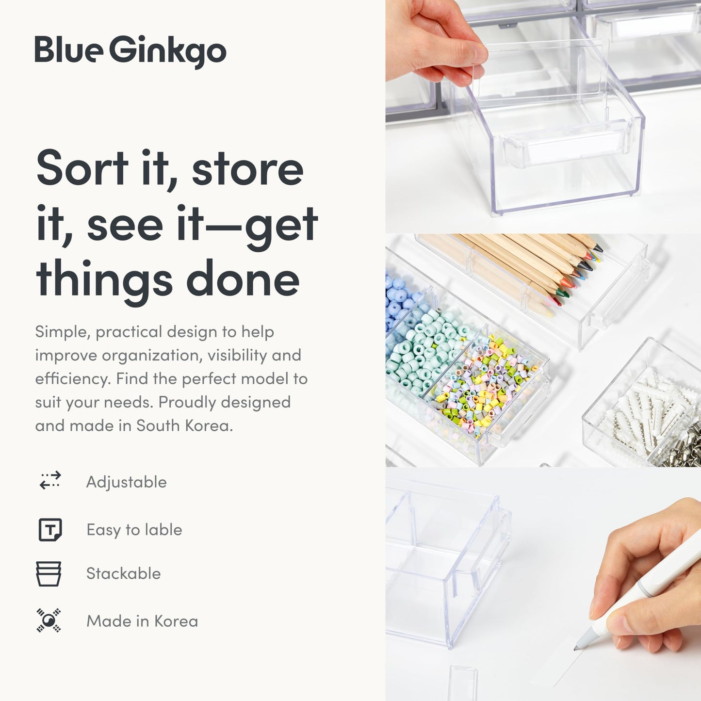 Blue Ginkgo Medium 16-Drawer Cabinet – Stackable Clear Organizer for Hardware, Beads, Plastic Bricks, Office, and Craft Storage (Made in Korea, Gray)
