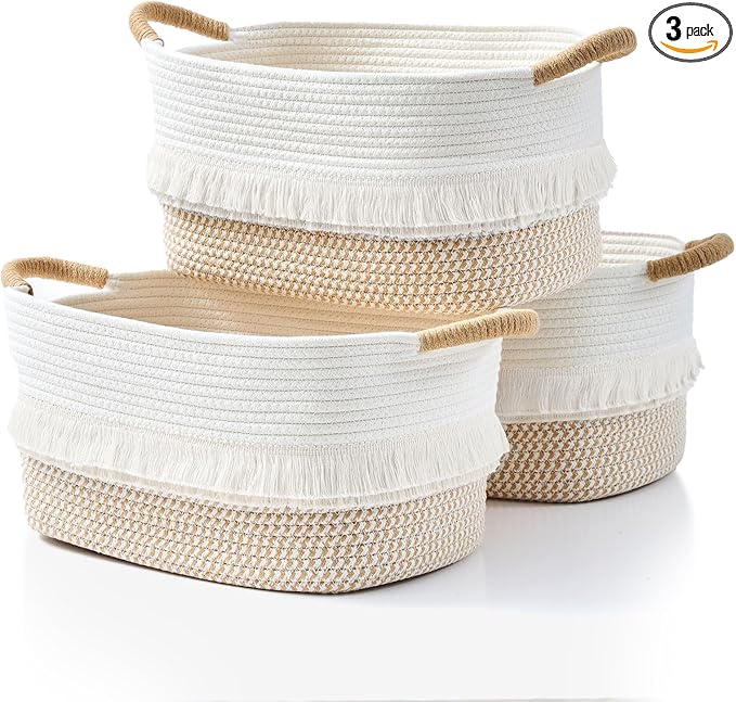 Storage Bins Woven Baskets for Storage Set of 3, Cotton Rope Basket with Handles for Toys/Shelves/Laundry, Rectangle Multi-Purpose Organizer for Living Room, Bedroom, Nursery (White/Brown)
