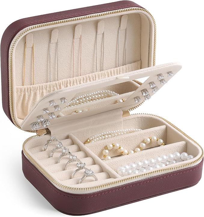 Genuine Leather Travel Jewelry Organizer Case with Mirror for Women, Small Mini Portable Jewelry Box for Ring Earrings Necklace Bracelet Luxury Gift for Womenï¼Burgundyï¼