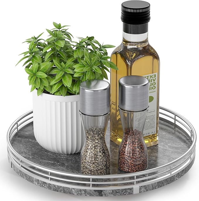Gray Marble Lazy Susan Turntable for Table Top â 10â Round Marble Tray Organizer for Dining Table, Kitchen Countertop & Bar, Luxury Stone Serving Tray with Silver Frame