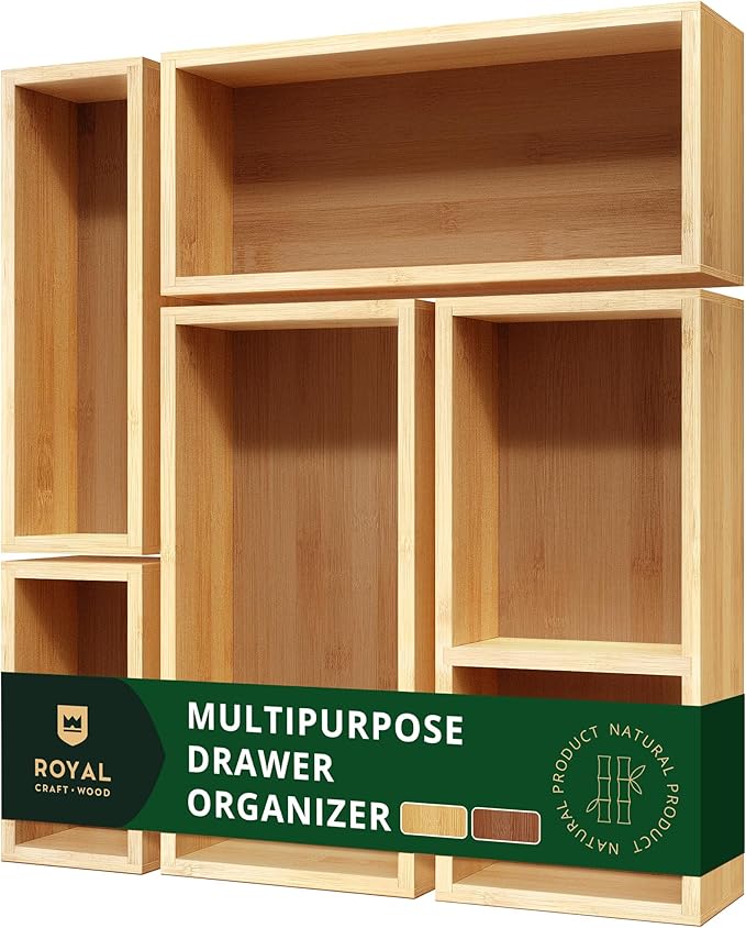 ROYAL CRAFT WOOD 5-Piece Bamboo Drawer Organizer Set â Multi-Use Storage Trays for Kitchen, Bathroom, Office, Makeup, Jewelry & More â Junk Drawer Tray, Utensil Holder, Storage Box & Bin Set (5 Boxes)