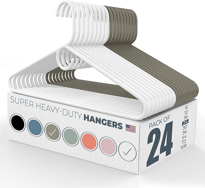 Neaties Super Heavy Duty Clothes Hangers 20 Pack (24 Count) â Made in The USA - 10lb Capacity, Thick Plastic Hangers for Pants, Coats, Jackets, Jeans and Adult Clothing â White & Gray
