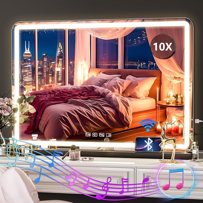 Hasipu Vanity Mirror with Lights and Bluetooth Speaker, 32" x 21.7" LED Makeup Mirror, Lighted Makeup Mirror with Dimmable 3 Modes, USB Charging Port, Round Black