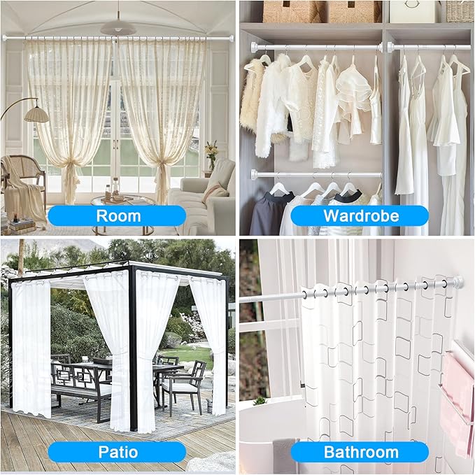 TEECK Shower Curtain Rod, 32-68 inch Adjustable Spring Tension Curtain Rod, Never Rust Anti-Slip Shower Curtain Rod for Bathroom, No Drilling, Never Collapse, Easy to Use, White