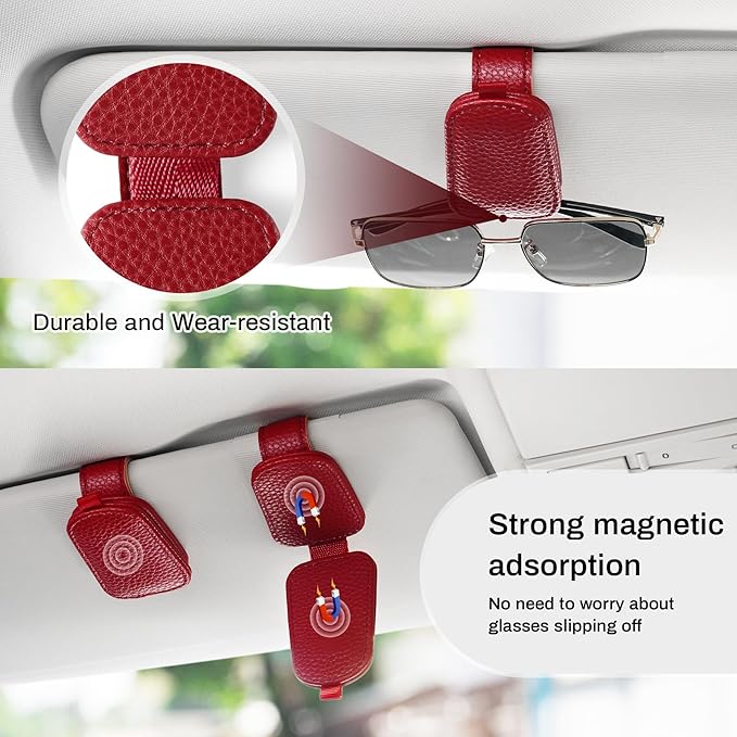 SINGARO Sunglasses Holder for Car, Leather Magnetic Buckle Sun Visor Sunglass Clip, Ticket Card Storage Glasses Clip, Car Interior Accessories for Men and Women(2PCS Red)