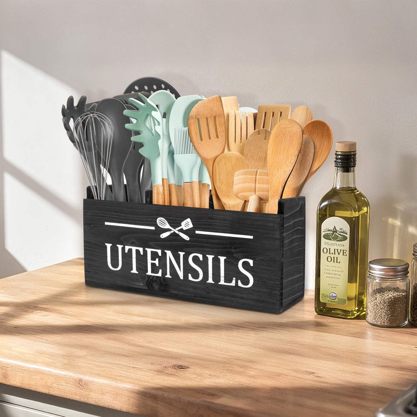 RedCall Wooden Kitchen Utensil Holder for Counter-top,Large Utensil Organizer for Storage Cooking Tool and Silverware,Extra Large Rustic Wood Container (Black)