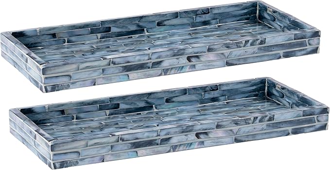 PEMAR Blue Mother of Pearl Tray Set of 2 â Handcrafted Decorative Vanity & Countertop Organizer for Bathroom, Entryway, Coffee Table â Elegant Home Decor Accent, 11.8" Lx5.1 Wx1 H