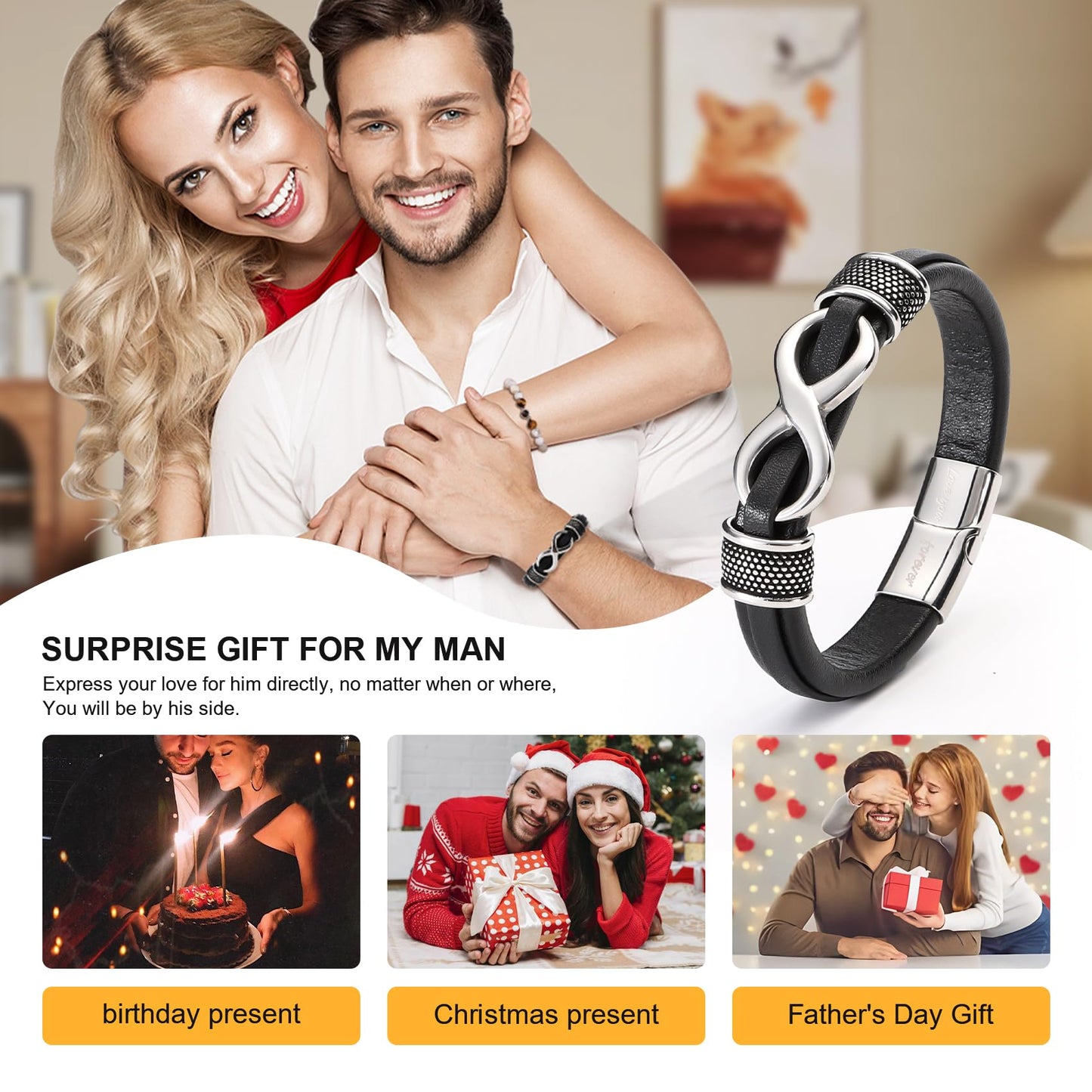 HSM Gifts for Men β Premium Leather Bracelet for Men with Infinity Symbol & Engraved 'Love You Forever' β Stylish & Mens Bracelet for Husband, Boyfriend, Gift Box Included