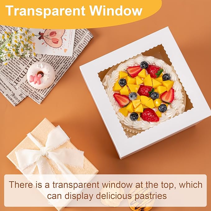 10 Pack Cake Boxes 8 Inch, 8x8x8 Inches Tall Cake Large Box, Disposable Cakes Transport Containers with Lids, Bakery Boxes with Large Window, for Cookies Pies Cupcakes Pastry-Wedding, Birthday, Party