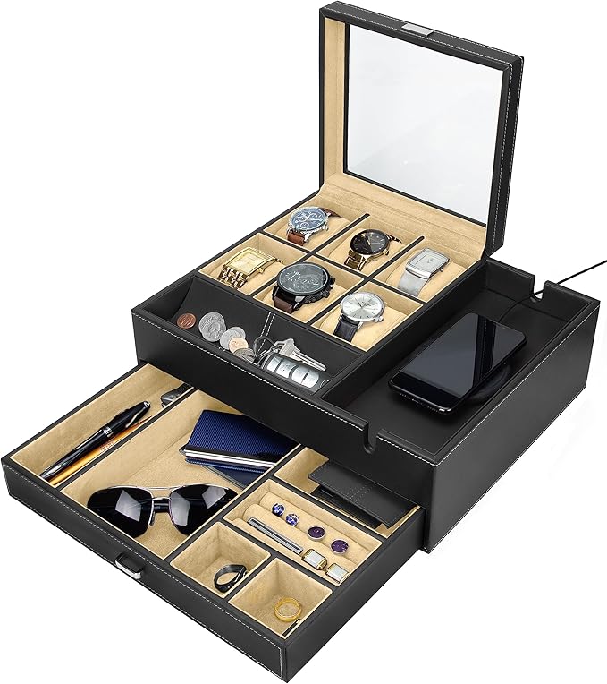 HOUNDSBAY Commander Dresser Valet Watch Box Case & Mens Jewelry Box Organizer with Smartphone Charging Station and Cufflink Box (Black/Ivory)