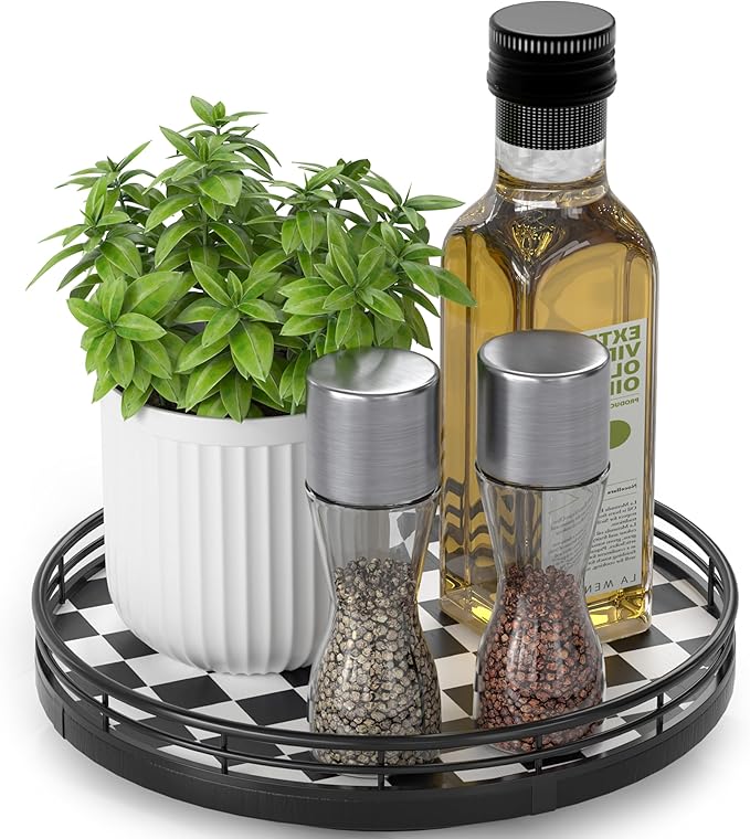Black and White Kitchen Lazy Susan Turntable â Checkered Round Decorative Tray, 9" Table Top Oak Wood Lazy Susan for Cookies, Dining Table Organizer, Small Kitchen Table Centerpiece