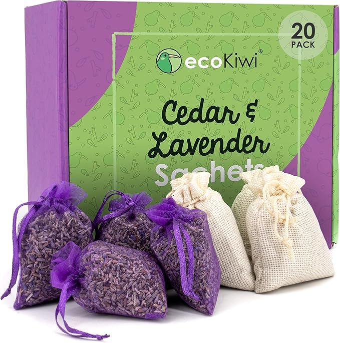 EcoKiwi Cedar & Lavender Sachets â 20 Sachets for Home Fragrence and Fresh Scents, Cedar & Lavender Sachet for Drawers and Closest, Dual-Purpose Sachet to Stop Clothes Damage and Closest Freshness