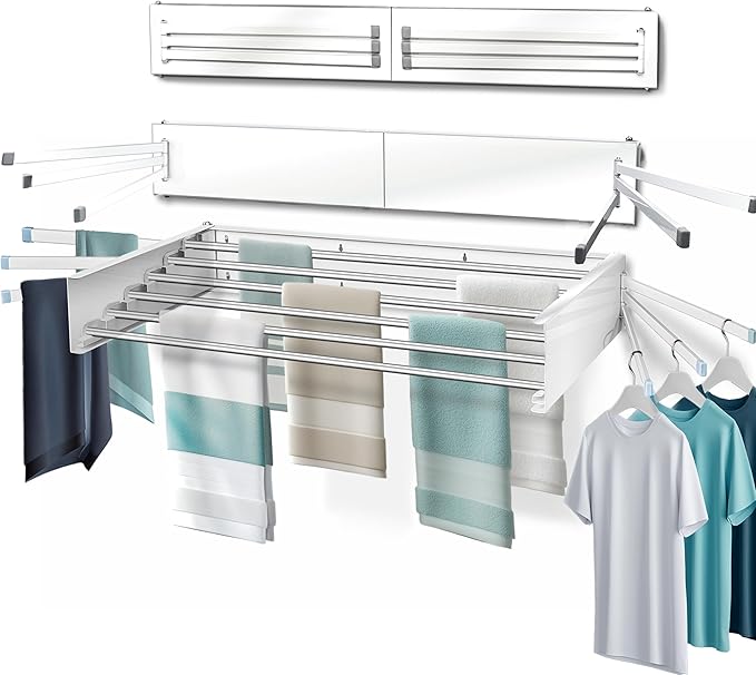 MODERN-X Wall Mounted Clothes Drying Rack with 6 Swivel arms, 35âWide, 26 Linear ft of Laundry Drying Rack Space, 6 Collapsible Aluminum rods, 2X Drying Capacity, Space Organizer Holds up to 60lbs