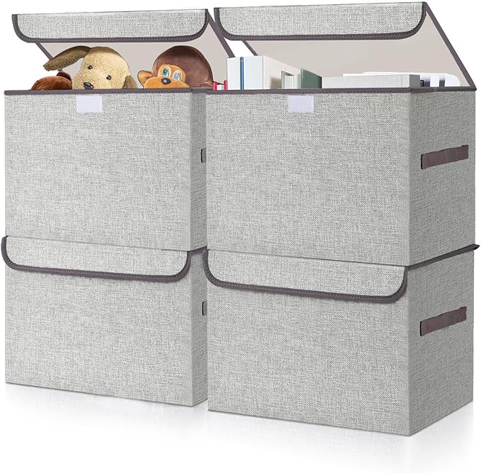 Linen Fabric Foldable Storage Cube Bin Organizer Basket with Flip-Top Lid & Handles, Large Clothes Blanket Box for Home, Office, Closet, Light Gray, 4 Pack 14.6 x 9.5 x 9.5â
