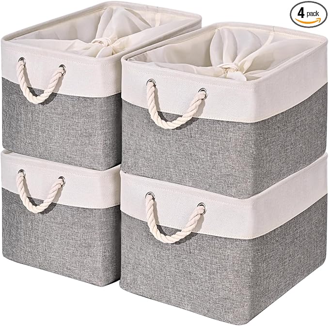 HOdo Home Fabric Storage Bin with Drawstring Closure and 2 Bold Handles, Collapsible Large Canvas Storage Baskets for Organizing Shelf Nursery Home Closet (White&Grey, 15.8LÃ11.8WÃ9.5H - 4Pack)