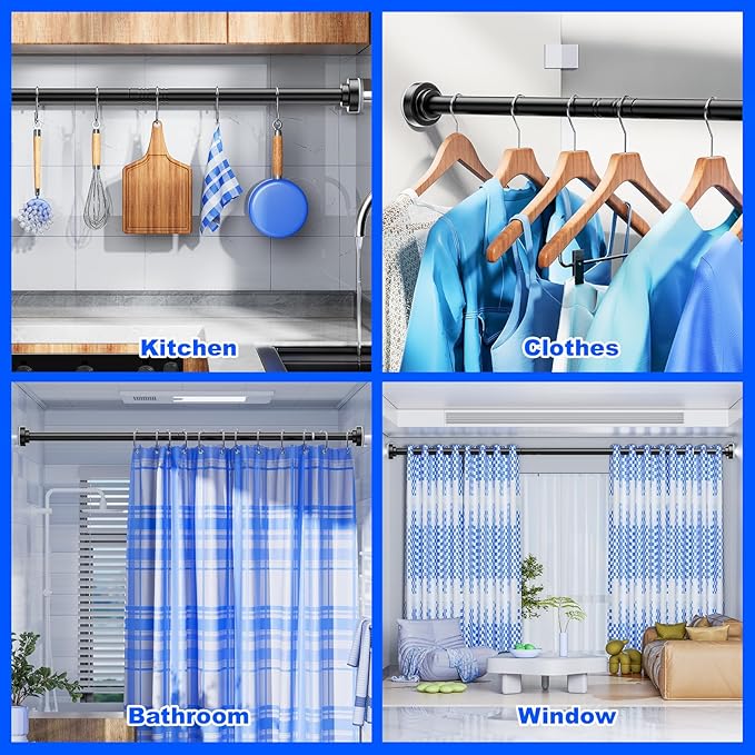 Ausemku Shower Curtain Rod - 32-68 Inch Rustproof Tension Rod, Non-Slip Spring Design, No Drilling Adjustable Curtain Rod for Bathroom, Kitchen, and Closet(Black)