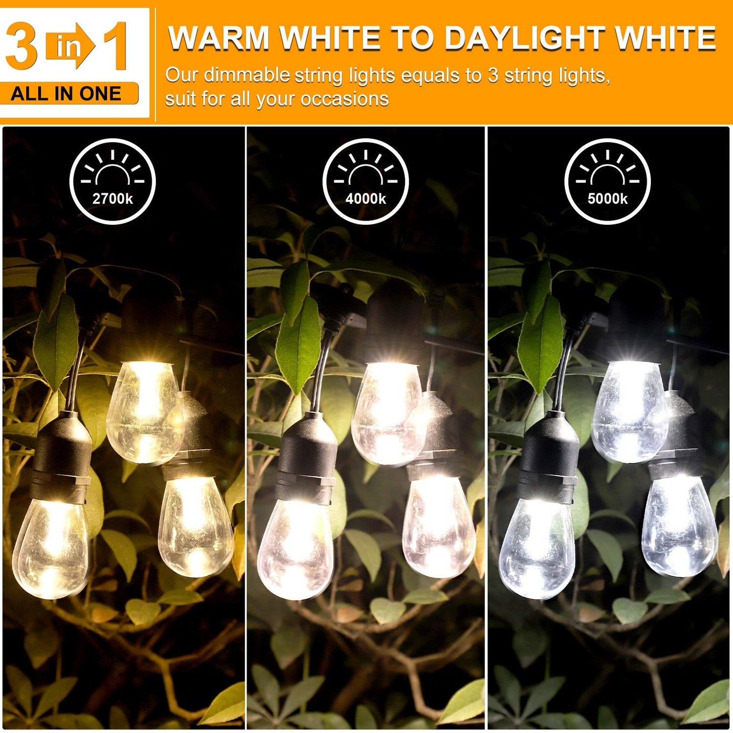 Mlambert 3 Color Outdoor LED Dimmable String Lights for Patio with Remote, Plug in 48FT Waterproof Shatterproof Edison Bulb Lights for Bistro Pergola