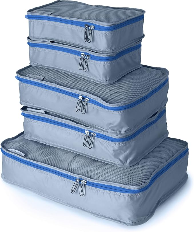 MUMI Packing Cubes - 5 Compression Packing Cubes for Travel, Luggage Organizer Bags for Suitcases, Carry-On, Duffle or Backpack â Mesh, Waterproof Bags for Clothes, Kids & Travel Accessories - Blue