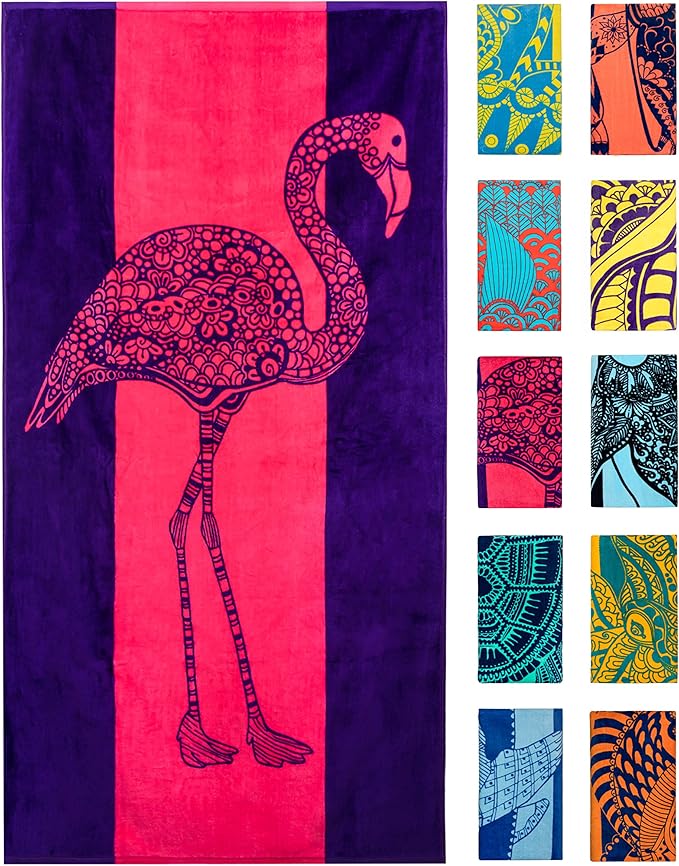 Nova Blue Flamingo Beach Towel â Pink and Purple with A Cute Design, Extra Large, XL (34âx 63â) Absorbent & Portable, Lightweight, Pink Beach Towel, Made from 100% Cotton