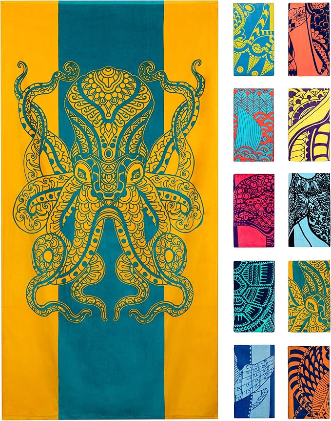 Nova Blue Octopus Beach Towel (34 X 63) â Orange & Teal Colorway with Tropical Design Travel Beach Towels Made from 100% Cotton â Vibrant Colorful Blanket Towel âBeach Towel for Adults