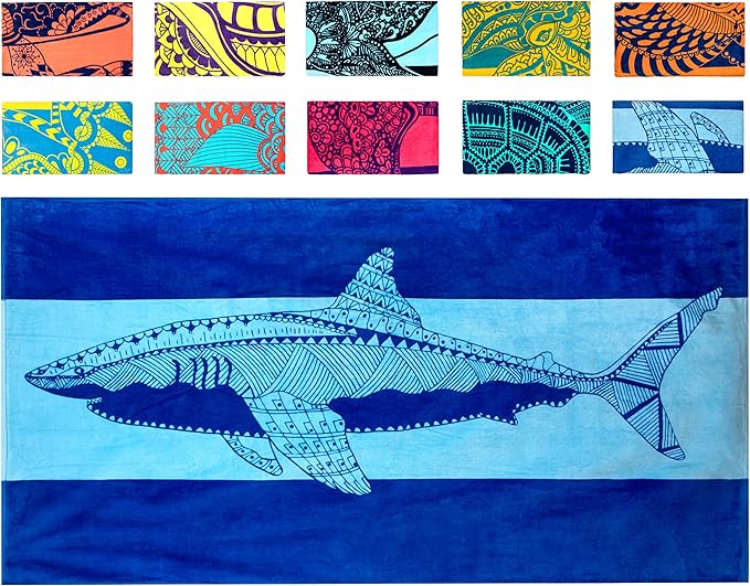 Nova Blue Shark Beach Towel â Blue with A Tropical Design, Extra Large, XL (34âx 63â) Cool Hawaiian, Navy Beach Towel with Light Blue Stripe, Made from 100% Cotton