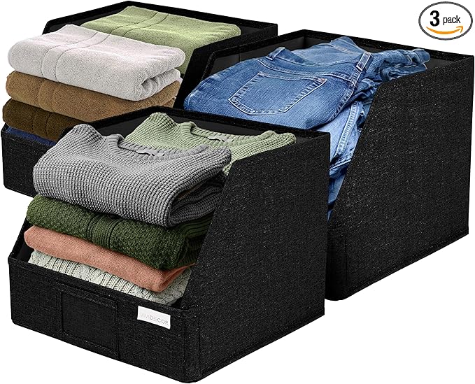 Trapezoid Closet Bins for Shelves â 12x12x10 Fabric Storage Baskets, Collapsible Organizer Boxes for Bedroom, Jeans, Sweatersâ Black, 3 Pack