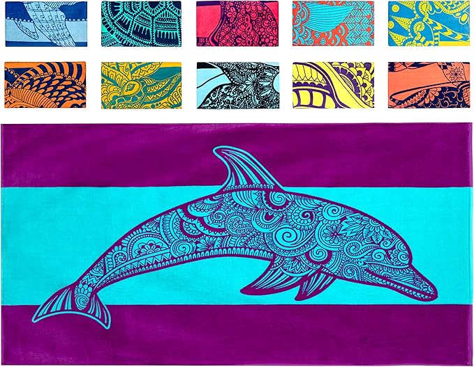 Nova Blue Dolphin Beach Towel â Tropical Blue & Purple Colors with A Unique Design, Extra Large, XL, Pool Towels (34âx 63â) Made from 100% Cotton