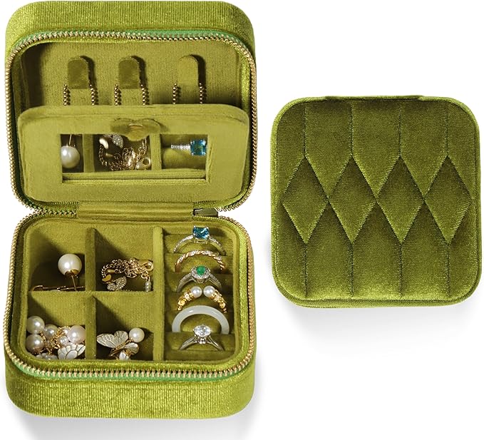 Velvet Jewelry Box â Travel Jewelry Case Organizer with Mirror, Adjustable Compartments for Women | Luxury Storage Case & Gift for Her - MossGreen