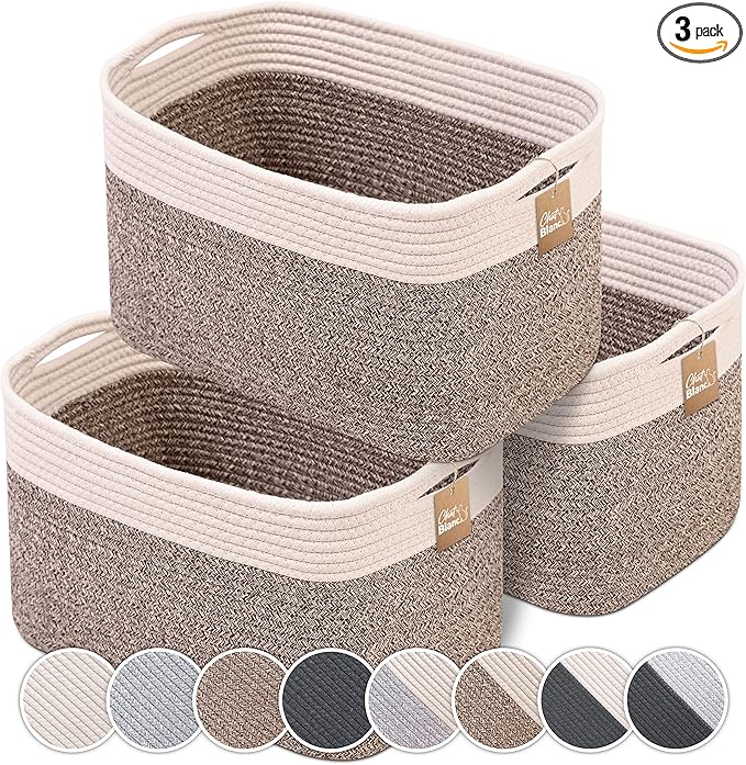 CHAT BLANC Cotton Rope Baskets for Organizing | 15âx10âx9â Storage Baskets for Shelves | Small Laundry Woven Baskets for Storage, Dog Toy Bin, Baby Basket,Off White&Brown 3 Pack