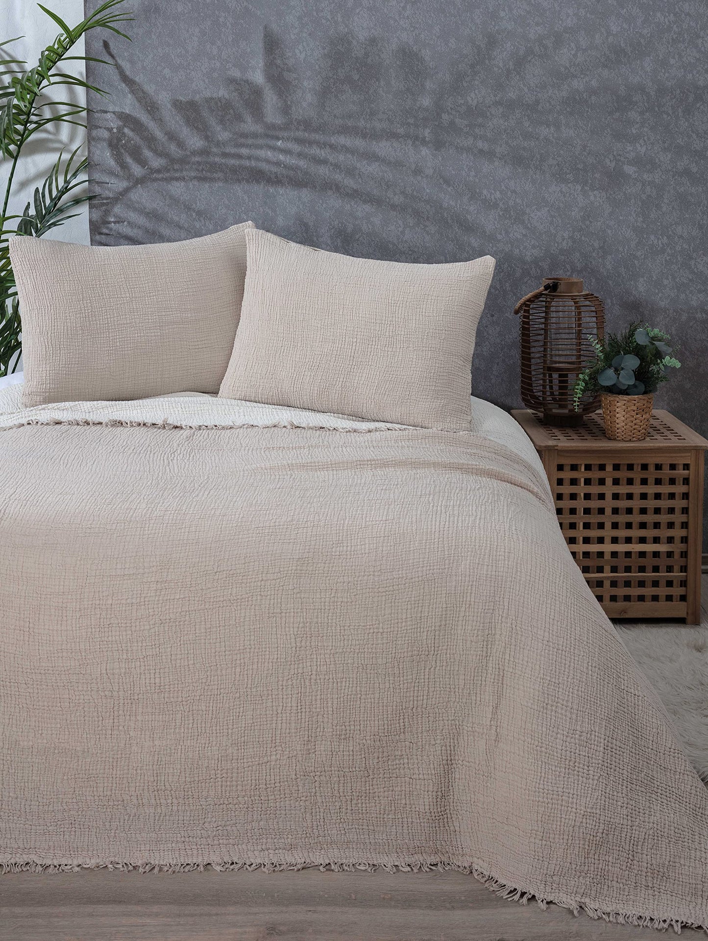 DEKADRON 100% Cotton Muslin Throw Blanket, 4 Layers Bedspread, Soft Turkish Cotton Muslin Bed Cover, Reversible Coverlet, Mink (Full/Queen Size 91x95-230x240cm)