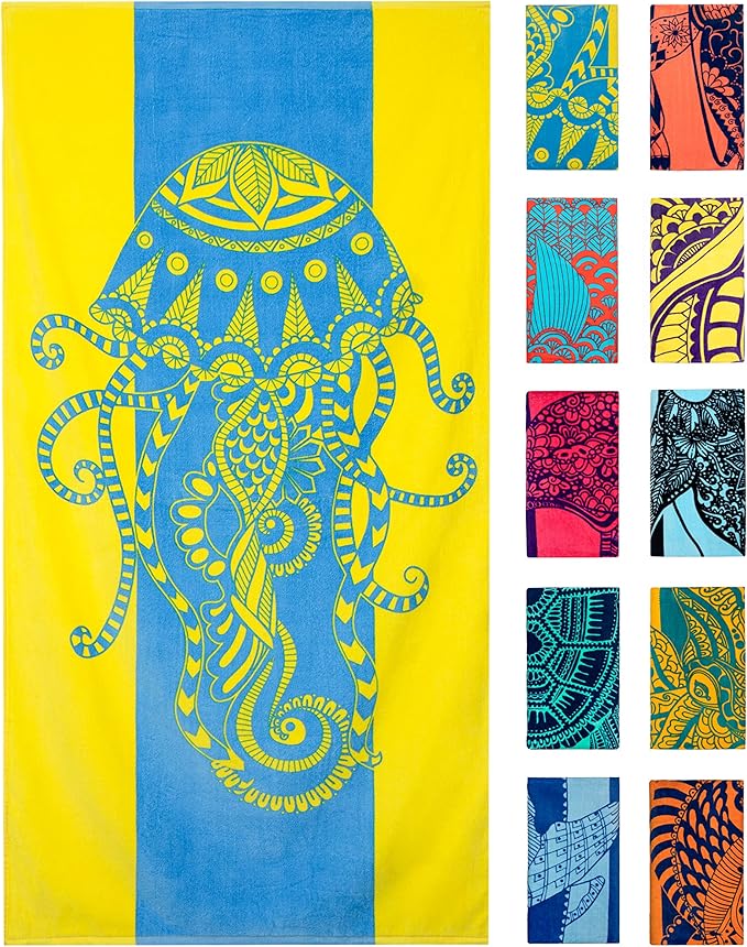 Nova Blue Jellyfish Beach Towel â Tropical Blue & Yellow Colors with A Unique Design, Extra Large, XL (34âx 63â) Made from 100% Cotton