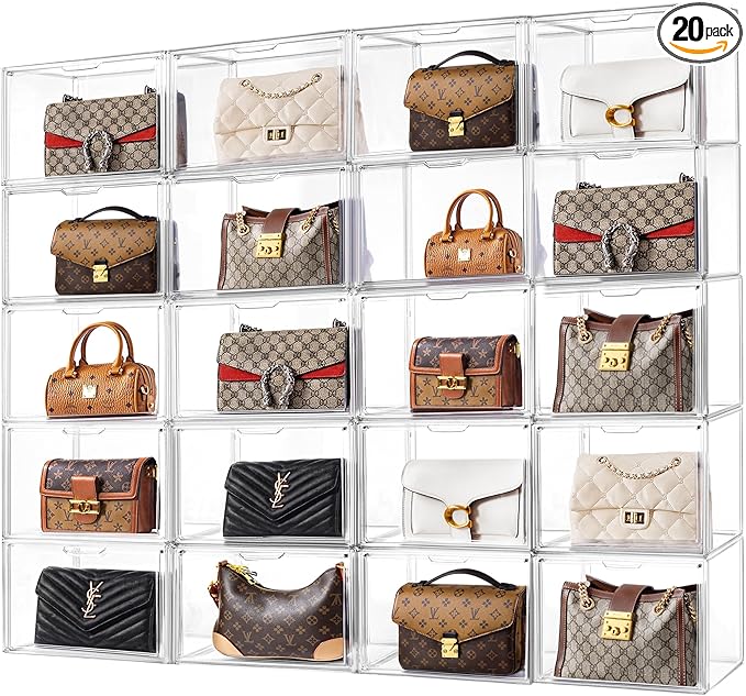 HBlife 20 Pack Purse Storage Organizer for Closet, Large Clear Stackable Handbag Display Case Box with Magnetic Door for Collectibles, Cosmetics, Women Heels and Toys