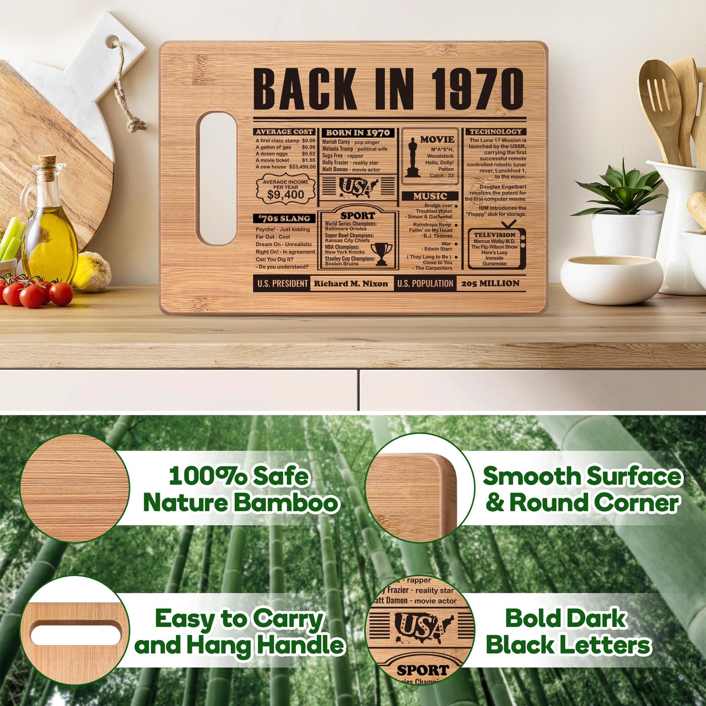 55th Birthday Gift for Women Men,55 Year Old Birthday Gifts for Her Him,55 Years Gifts for Mom Dad Grandparents Wedding Anniversary,Back in 1970 55s Birthday Decorations Engraved Bamboo Cutting Board