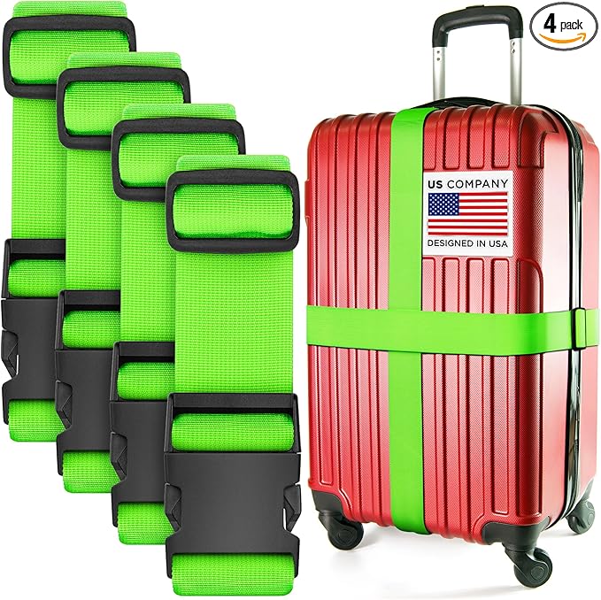 Luggage Straps for Suitcases - TSA Approved - Neon Green, 4 PK - Premium Nylon Belts for Suitcase, Briefcase & Travel Bag - Adjustable Strap Length 46" - 78"