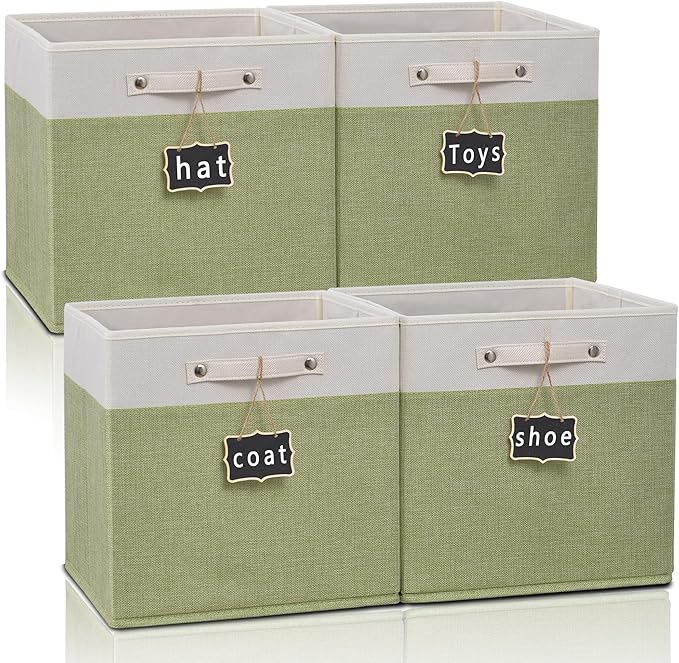 13x13x13 Inch Large Foldable Fabric Linen Cube Storage Binsã4-packã, with Cotton Handles Closet Bins for Cabinet Shelves Home Organization and Storage bins(White&green)