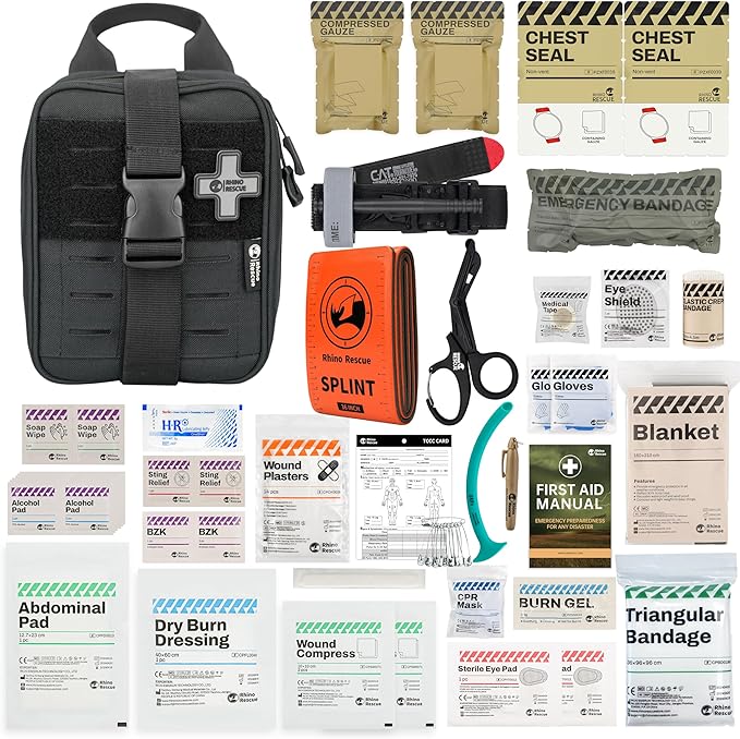 RHINO RESCUE IFAK Trauma Kit with C-A-T Tourniquet, Tactical First Aid Kit Molle Pouch for Military, Combat, Car, Camping, Hiking, Travel (Black)