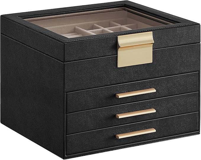 SONGMICS Jewelry Box Organizer with Glass Lid, 4-Layer Jewelry Storage, with 3 Drawers, Modern Style, 8 x 9.1 x 6.5 Inches, Graphite Black and Gold Color UJBC173B01