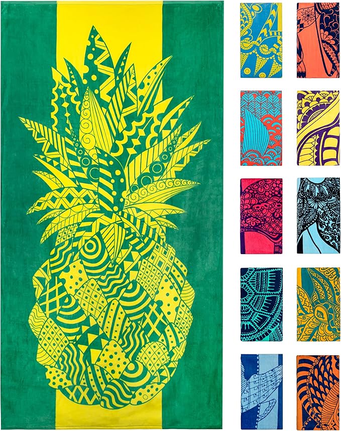 Nova Blue Pineapple Beach Towel â Yellow and Green with A Tropical Design, Extra Large, XL (34âX 63â) Tropical Fruit, Yellow Beach Towel with Unique Design Made from 100% Cotton