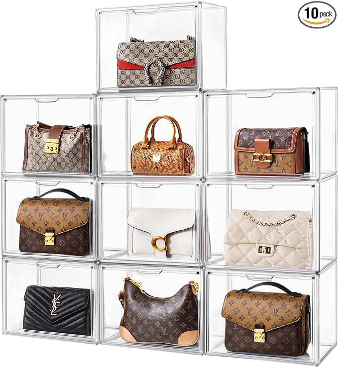 HBlife 10 Pack Purse Storage Organizer for Closet, Large Clear Stackable Handbag Display Case Box with Magnetic Door for Collectibles, Cosmetics, Women Heels and Toys