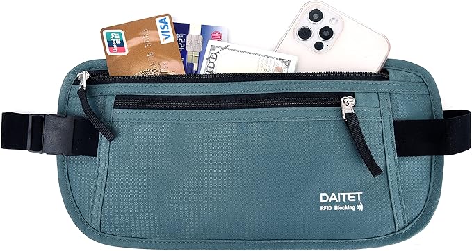 RFID Blocking Money Belt for Men Women, Slim Fanny Pack for Travelï¼Running,Conceal Waist Wallet for Passport Holder,Phone,Cash(Turquoise)